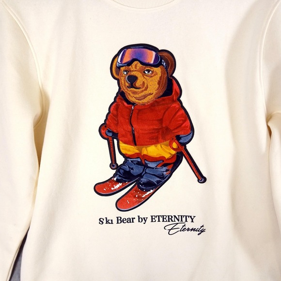 Mens ETNT Eternity Ski Bear Sweatshirt Eggshell 3D Chenille Applique Skiing NWT - Picture 3 of 10